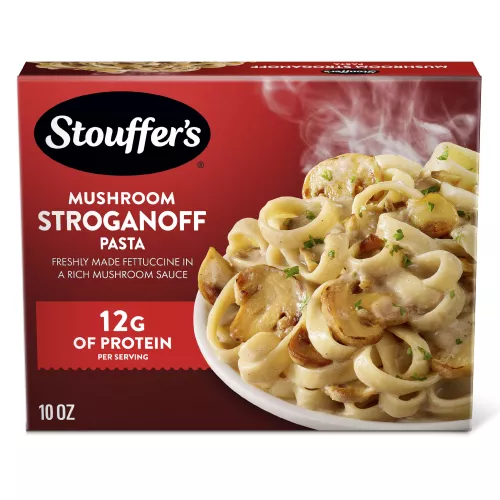 Imagen frontal centrada de caja de 10 oz de Mushroom Stroganoff congelado de Stouffer's con peso neto de 10 oz (283 g).