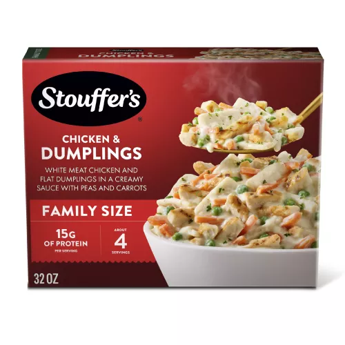 Box of Chicken & Dumplings with plate, casserole dish and 15 grams of protein, family size and ready in 25 minutes labels.