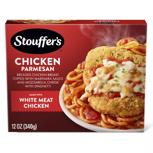 Box of Chicken Parmesan featuring a plate of spaghetti and chicken below the product name and STOUFFER'S logo.