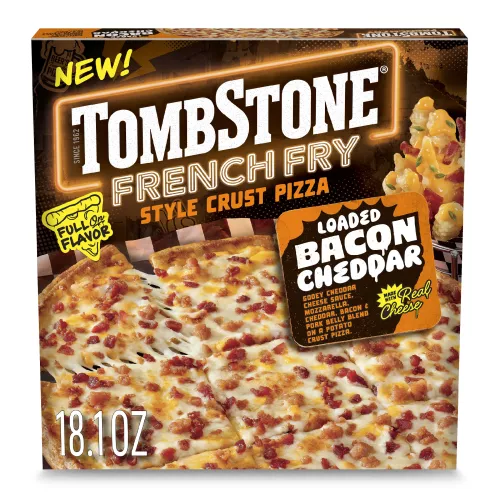 Vista frontal centrada de caja de pizza congelada Tombstone French Fry Style Crust Loaded Bacon Cheddar de 18.1 oz (5.15 g).