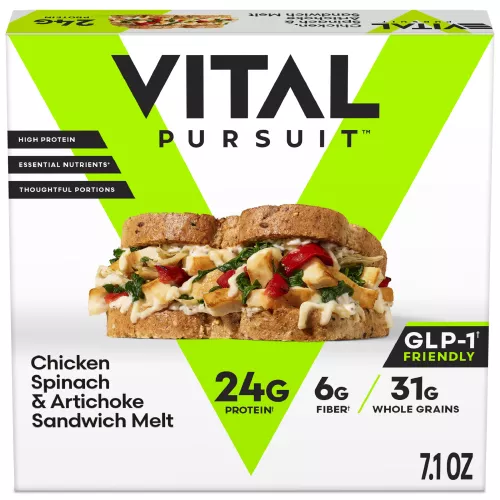 Front Center view of Vital Pursuit Chicken Spinach & Artichoke Sandwich Melt NET WT 7.1 OZ (204g) product.