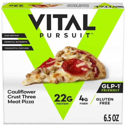 Front Center view of VITAL PURSUIT® Frozen Meal Three Meat Pizza 6oz NET WT 6.5 oz (187 g) product.