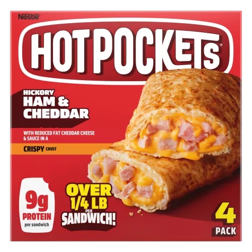 Front Center view of NESTLE HOT POCKETS Frozen Snack Crispy Crust Ham Cheddar 18oz Carton NET WT 18 oz (1 lb 2 oz) 510g product.