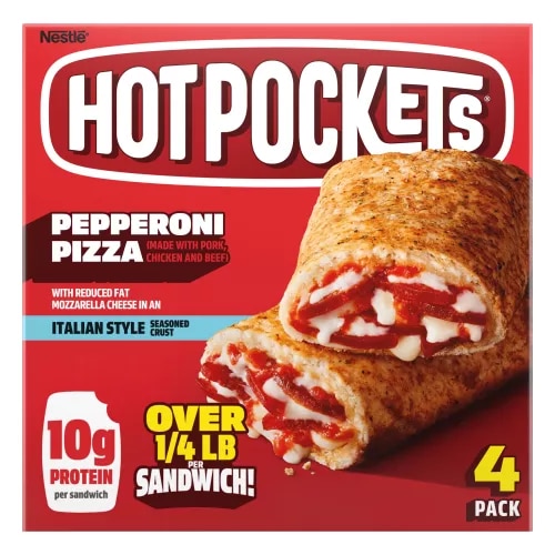 Front Center view of NESTLE HOT POCKETS Frozen Sandwich Pepperoni Pizza 18oz Carton NET WT 18 oz (1 lb 2 oz) 510g product.