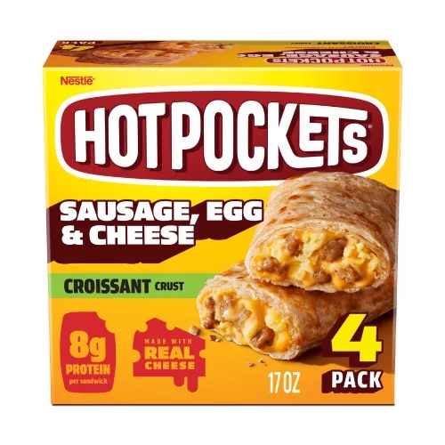 Front Center view of NESTLE HOT POCKETS Frozen Snack Croissant Crust Sausage Egg Cheese 17oz Box NET WT 17 oz (1 lb 1 oz) 481 g product.