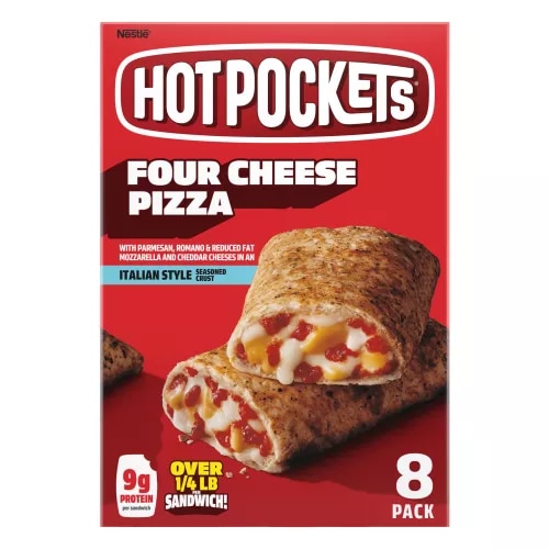 Vista frontal de Caja de 8 paquetes sándwiches congelados Hot Pockets Four Cheese Pizza. PESO NETO 34 oz (2 lb 2oz) 963g.