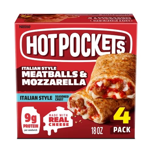 Vista frontal centrada de NESTLE HOT POCKETS sabor Meatballs and Mozzarella de PESO NETO 18 OZ (1 lb 2 oz) 510 g.