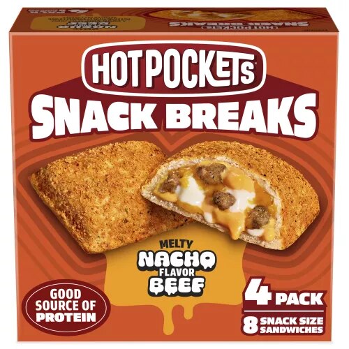 Front Center view of NESTLE HOT POCKETS Frozen Snack Breaks Nacho Beef and Cheese 4oz Carton NET WT 16 oz (1 lb) 453 g product.