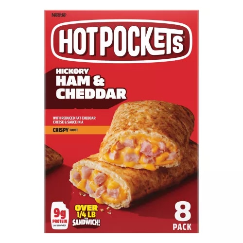 Vista frontal central de sándwiches Hot Pockets Crispy Crust Hickory Ham y Cheddar, paq. 8, PESO NETO 36oz (2lb 4oz), 1.02 kg