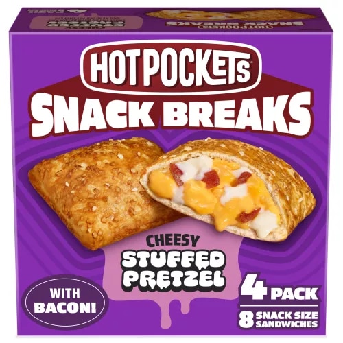 Front Center view of Hot Pockets Snack Breaks Cheesy Stuffed Pretzel (Pretzel Crust) Frozen Sandwich 16 oz 4 Pack Box NET WT 16 oz (1 lb) 453 g product.