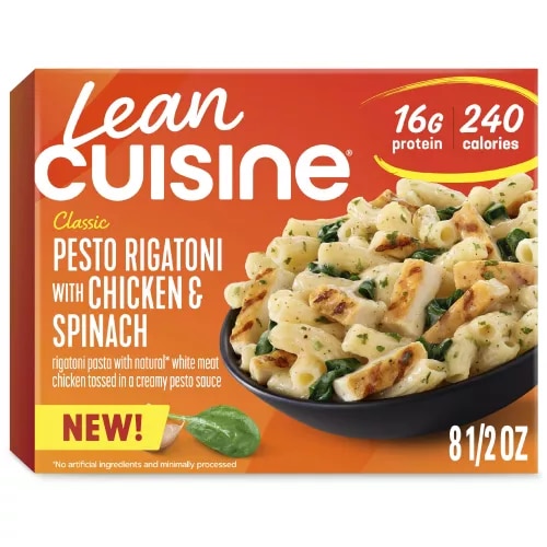 Front Center view of LEAN CUISINE Frozen Meal Pesto Rigatoni Chicken Spinach 8.5oz Carton NET WT 8 1/2 oz (241 g) product.