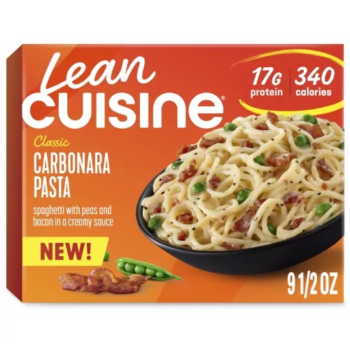 Vista frontal centrada de caja de comida congelada Carbonara Pasta de LEAN CUISINE de 9.5 oz PESO NETO 9 1/2oz (269 g).