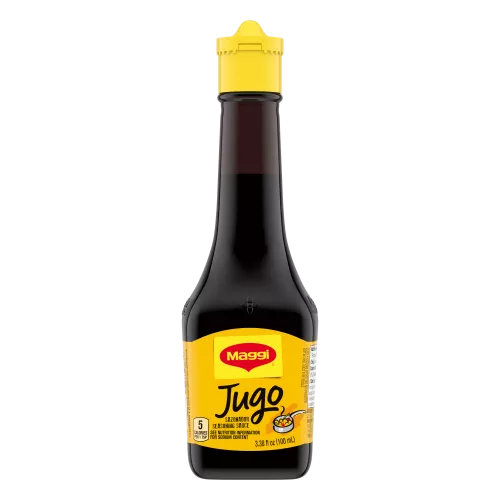 Package of MAGGI Jugo Seasoning Sauce with a bright yellow label with illustration of sautee pan.