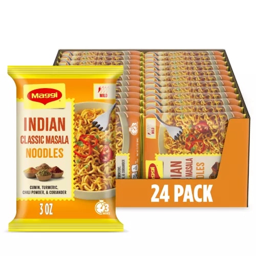 Front Center view of MAGGI Mild Indian Classic Masala Noodles 24x3.1oz 24 / 3 OZ (89 g) PACKSNET WT 75.3 oz (4 lb 11.3 oz) 2.13 kg product.