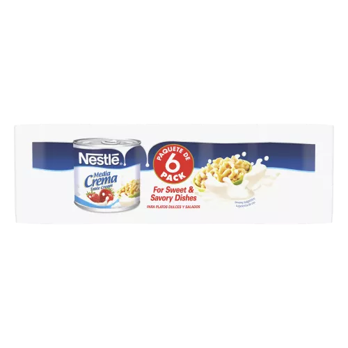 A can of Media Crema table cream with a blue label featuring strawberries, a bowl of macaroni, and cream.