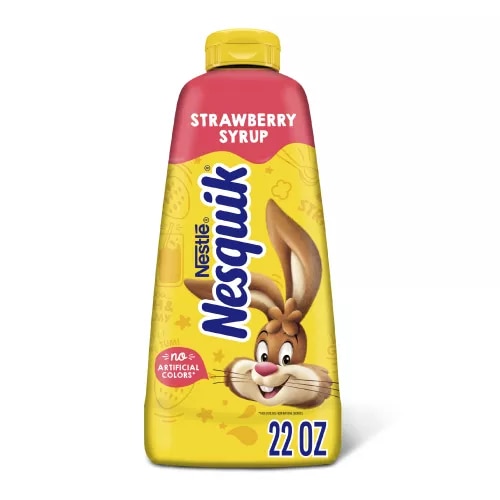 Front Center view of NESTLE NESQUIK Strawberry Flavored Syrup 22 oz. Plastic Bottle NET WT 22 OZ (1 LB 6 OZ / 623.6 g) product.