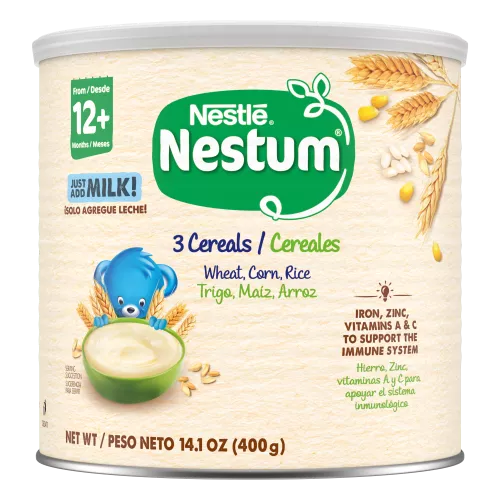 Vista frontal central de Nestum 3 Cereales Lata de 14.1 oz PESO NETO 14.1 OZ (400 g).