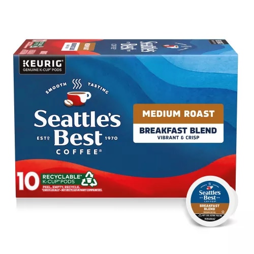 Front Center view of SEATTLE'S BEST COFFEE Breakfast Blend Ground Coffee K-Cup Pods 10 Count 3.5oz Box product.