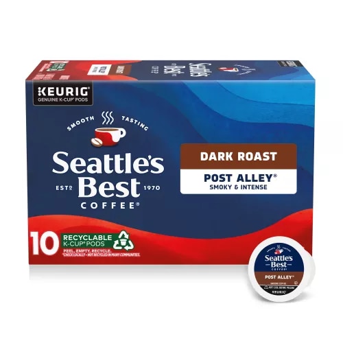 Front Center view of SEATTLE'S BEST COFFEE Ground Dark Roast Smooth Post Alley Blend 10 Count Pods 4oz Box product.