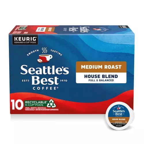 Front Center view of SEATTLE'S BEST COFFEE House Blend Ground Coffee K-Cup Pods 10 Count 3.5oz Box product.