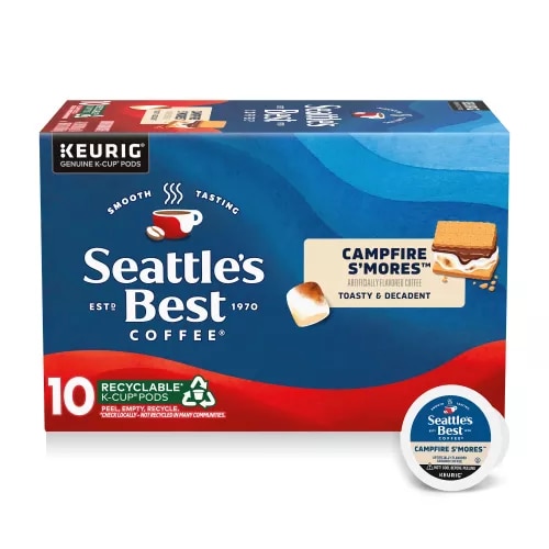 Front Center view of SEATTLE'S BEST COFFEE Campfire Smores Flavored Ground Coffee K-Cup Pods 10 Count 3.8oz Box product.