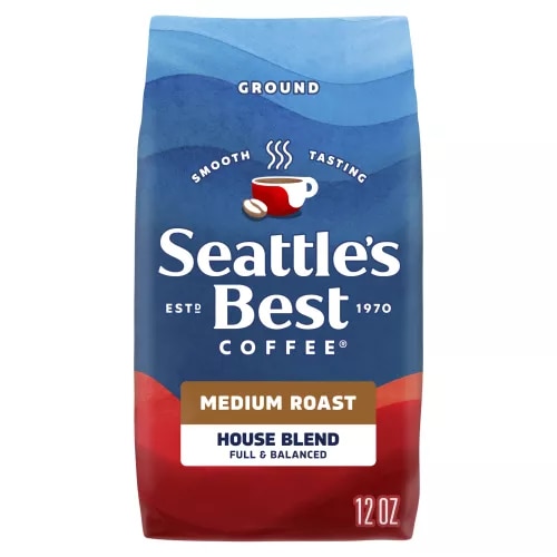 Front Center view of SEATTLE'S BEST COFFEE House Blend Ground Coffee 12oz Bag NET WT 12 OZ (340 g) product.