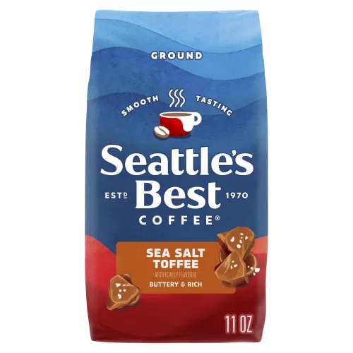 Front Center view of SEATTLE'S BEST COFFEE Sea Salt Toffee Ground Coffee 11oz Bag NET WT 11 OZ (312g) product.