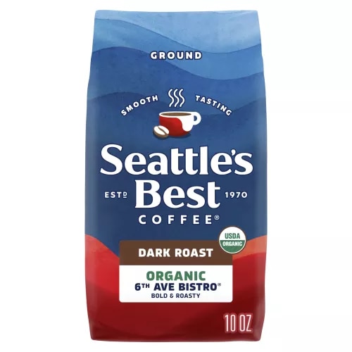 Front Center view of SEATTLE'S BEST COFFEE 6th Ave Bistro Organic Ground Coffee 10oz Bag NET WT 10 OZ (283 g) product.
