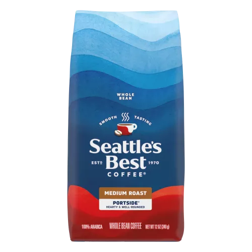 Front Center view of Seattle's Best Coffee Portside Blend, Medium Roast Whole Bean Coffee, 12 Oz (Pack of 6) NET WT 12 OZ (340 g) product.