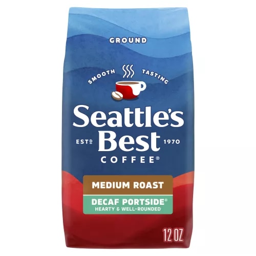 Front Center view of Seattle's Best Coffee Portside Blend, Medium Roast Decaf Ground Coffee, 12 Oz (Pack of 6) NET WT 12 OZ (340 g) product.