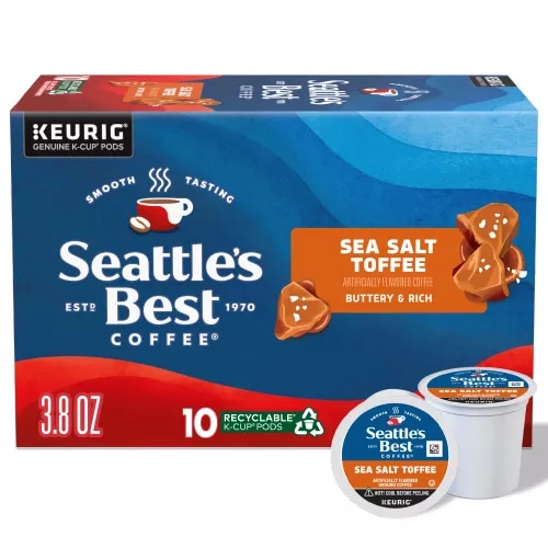 Front Center view of SEATTLE'S BEST COFFEE Sea Salt Toffee Flavored Ground Coffee KCup Pods 10 Count 3.8oz Box product.