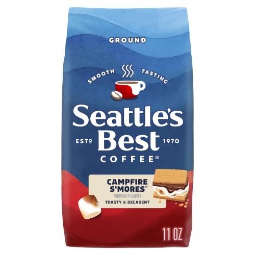 Front Center view of SEATTLE'S BEST COFFEE Campfire Smores Ground Coffee 11oz Bag NET WT 11 OZ (312 g) product.