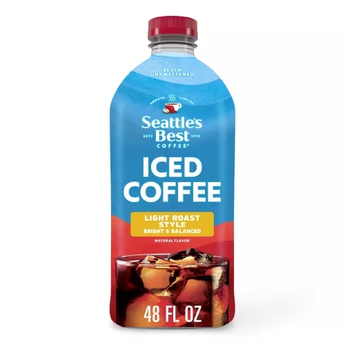 Front Center view of Seattle’s Best Coffee Black Unsweetened Light Roast Style Iced Coffee 48oz 48 FL OZ (1.5 QT) 1.42 L product.