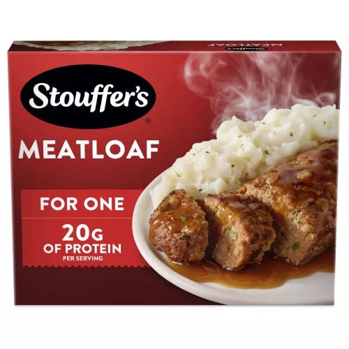 Box of Classic Meatloaf with a plate of mashed potatoes, gravy and meatloaf below the product name and STOUFFER'S logo.
