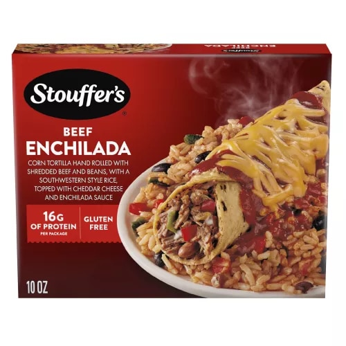 Vista frontal centrada de caja de comida congelada Beef Enchilada de STOUFFER'S de 10oz. PESO NETO 10oz (283g).