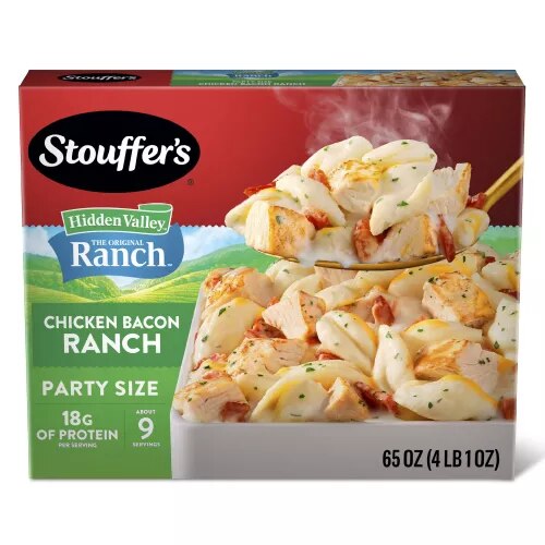Front Center view of Stouffer's Party Size Chicken Bacon Hidden ValleyTM Ranch Pasta 65oz NET WT 65 oz (4 lb 1 oz) 1.84kg product.