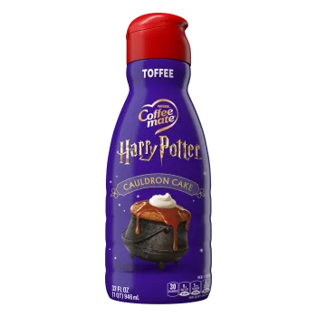 Front Center view of COFFEE-MATE(R) HARRY POTTER(R) Toffee Cauldron Cake Non-Dairy Creamer 32 oz Bottle 32 FL OZ (1 QT) 946 mL product.