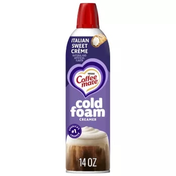 Front Center view of Coffee mate® Italian Sweet Crème Cold Foam Creamer, 14 oz Can NET WT 14 oz (396 g) product.