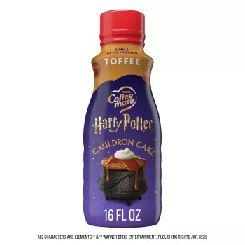 Front Center view of Coffee Mate Liquid Aseptic Creamer Toffee Cauldron Cake 16floz Bottle 16 FL OZ (1 PT) 473 mL product.