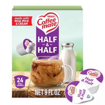 Front Center view of NESTLE COFFEE MATE Half & Half Tubs (24x0.304floz) Box 24- 3/8 FL OZ (11 mL) CREAMERS NET 9 FL OZ (266mL) product.