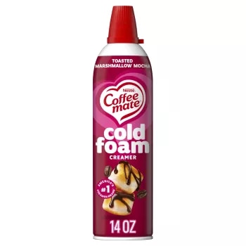 Front Center view of NESTLE COFFEE MATE Cold Foam Creamer Toasted Marshmallow Mocha 14oz Bottle NET WT 14 oz (396 g) product.