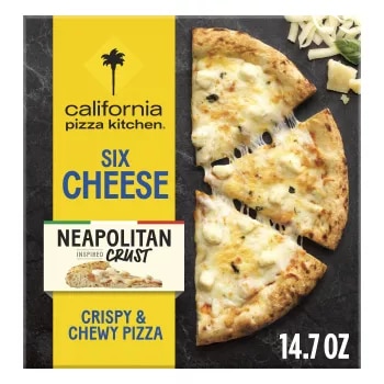 Front Center view of CALIFORNIA PIZZA KITCHEN 6 Cheese Pizza Neapolitan Crust 14.7oz Net Wt 14.7 oz (419 g) product.