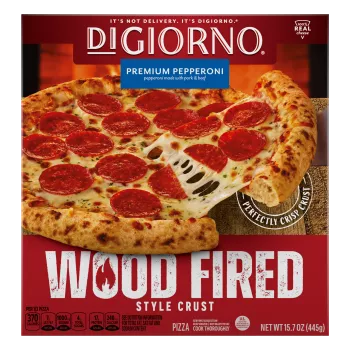 Front Center view of DIGIORNO Frozen Wood Fired Pizza Premium Pepperoni 15.7oz Box NET WT 15.7 oz (445g) product.