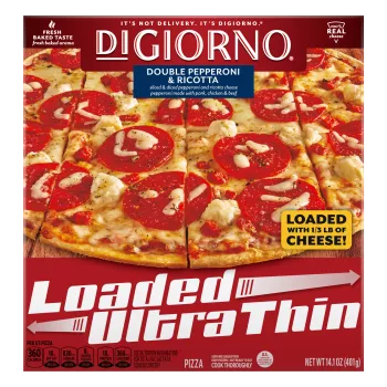 Vista frontal centrada de caja de pizza DiGiorno Doble Pepperoni y Queso con masa delgada ultra cargada (11in -14.1oz, 401g).