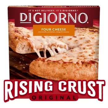 Box of DiGiorno Rising Crust Four Cheese pizza with the product name, pizza on a cutting board, and the Rising Crust logo.