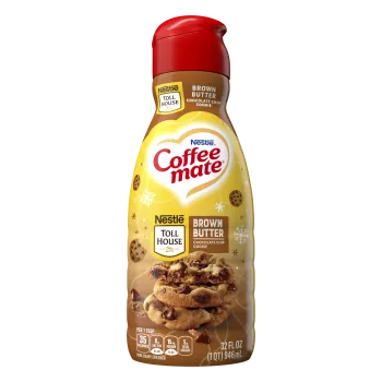 NESTLÉ® TOLL HOUSE® Brown Butter Chocolate Chip Cookie creamer with a stack of cookies and the NESTLÉ® TOLL HOUSE® logo.
