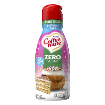 Front Center view of NESTLE COFFEE MATE Liquid Creamer Zero Sugar Birthday Cake 32floz Bottle 32 FL OZ (1 QT) 946 mL product.