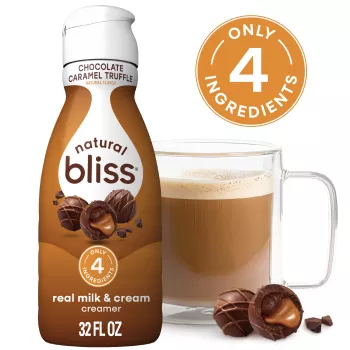 Front Center view of Natural Bliss Chocolate Caramel Truffle, Liquid Dairy Creamer, 32 fl oz 32 FL OZ (1 QT/946 mL) product.