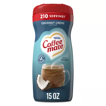 Front Center view of NESTLE COFFEE MATE Coconut Creme Powder Coffee Creamer 15 oz. Canister NET WT 15 OZ (425.2 g) product.