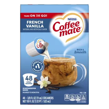 Box of single serve French Vanilla Coffee Creamer with a coffee mug, vanilla beans and a America’s #1 Creamer Brand badge.
